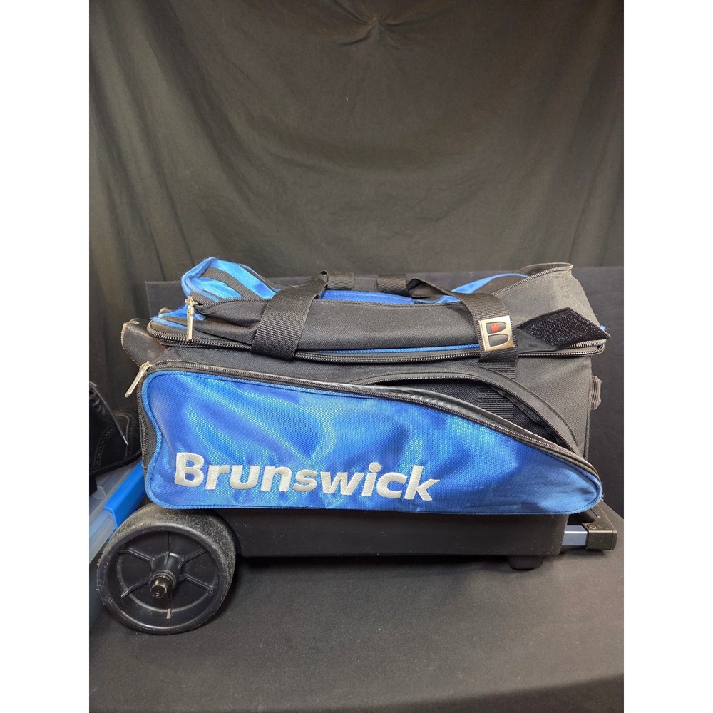 Brunswick Double Ball Bowling Bag‎ Rolling 2 Ball Roller Blue Black Wheels